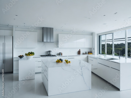 A modern and spacious kitchen, beautifully captured in a photography style reminiscent of architectural photographer Julius Shulman. photo