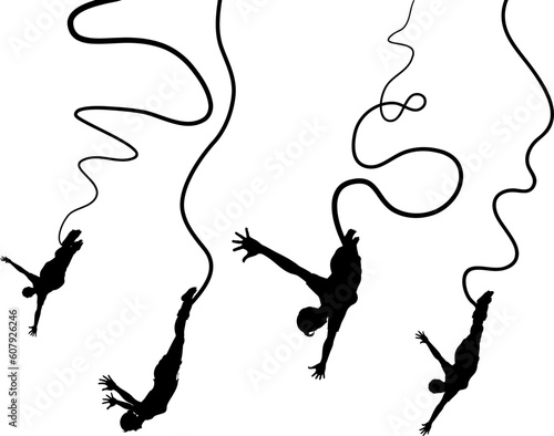 Set of editable vector silhouettes of women bungy jumping