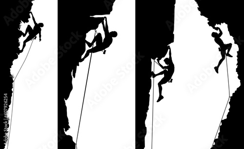 Set of editable vector side panel silhouettes of climbers with all elements as separate objects