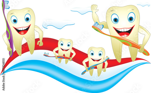 Cartoon illustration from teeth care concept, funny teeth family placed on toothpaste.