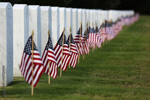 Memorial Day flags placed at headstones of American veterans who are buried at National Cemetery  photo