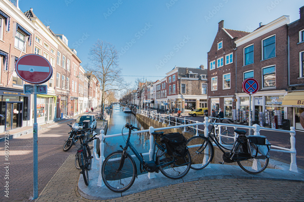 Canals, Brick Houses, Parked Bicycles and a Bridge Over the Canal, in Delft, Netherlands