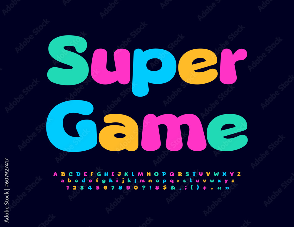 Vector funny Banner Super Game. Colorful Kids Font. Bright Alphabet Letters and Numbers.