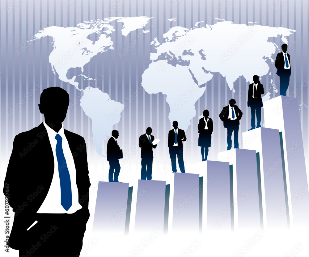 Successful people are standing on a large graph, world map in the background. The base map is from Central Intelligence Agency Web site. Successful people are standing on a large graph, world map in the background. The base map is from Central Intelligence Agency Web site.