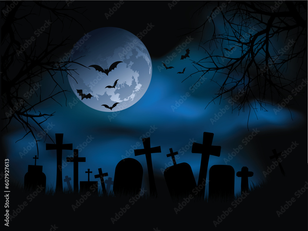 Spooky graveyard at night