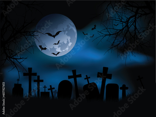 Spooky graveyard at night