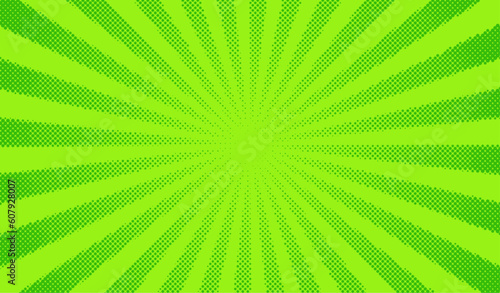 Green comics background. Abstract lines backdrop. Bright sunrays. Design frames for title book. Texture explosive polka. Beams action. Pattern motion flash. Rectangle fast boom. Vector illustration