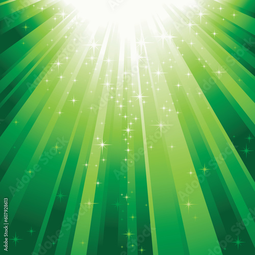 Festive square abstract background with stars descending on rays of green light. 7 global colors, background controlled by 1 linear gradient.