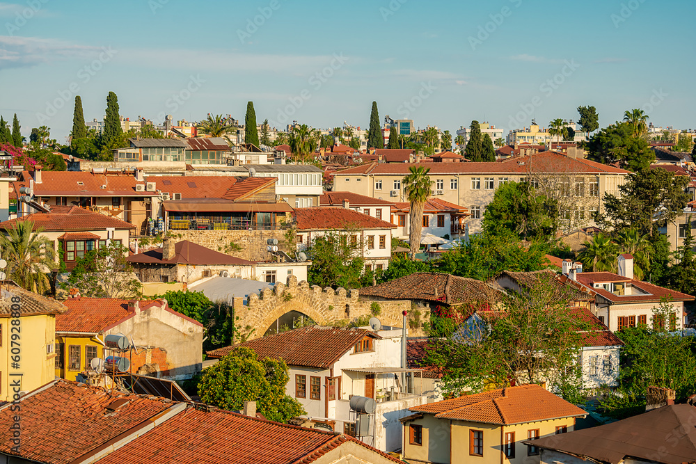 Aerial view of the old town of Kaleiçi in the Turkish city of Antalya. View of old houses in the popular tourist area of Antalya. Aerial view of the old town of Kaleiçi in the Turkish city of Antalya. View of old houses in the popular tourist area of Antalya.