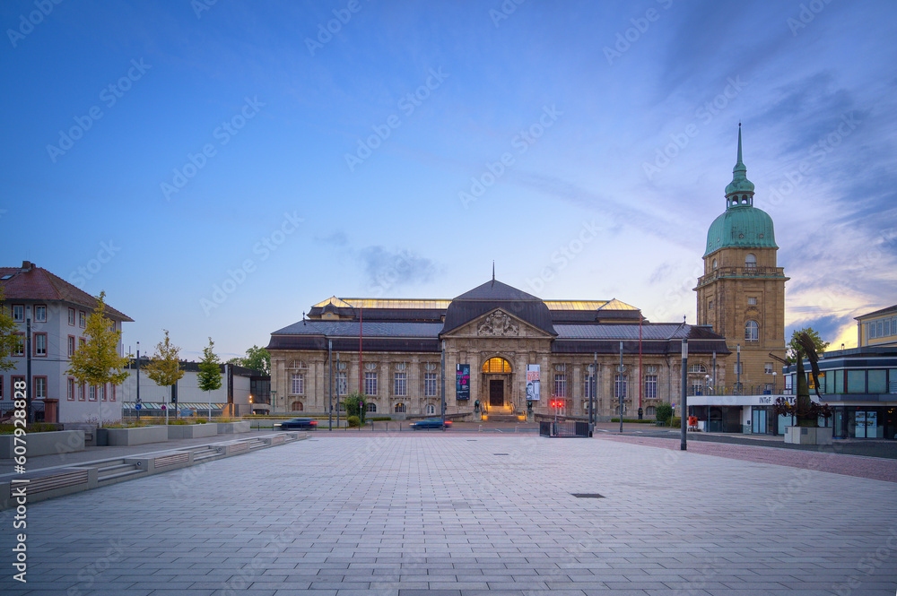View over Friedensplatz square to Hessian State Museum in German university city of Darmstadt
