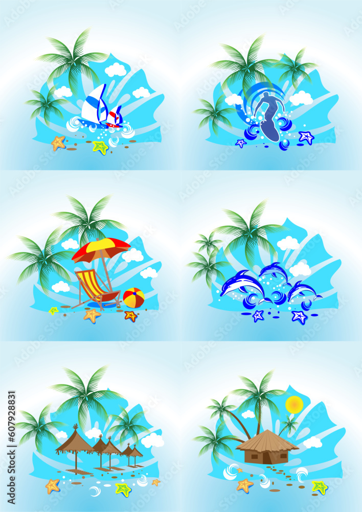 vector image of tropical images with the sea surf, palm trees and blue sky
