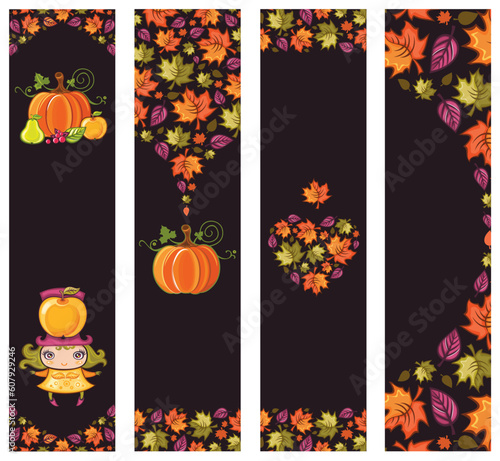 Colorful Autumnal banners with fall leafs, pumpkin, apple, pear, berries, cute little girl. With space for your text.