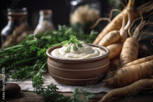Photo horseradish sauce in a white ceramic bowl, surrounded by freshly harvested horse