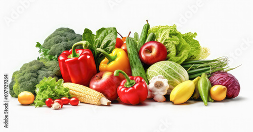 Ripe fresh vegetables and fruits on a white background. Harvest concept and healthy eating.Banner.Generative AI