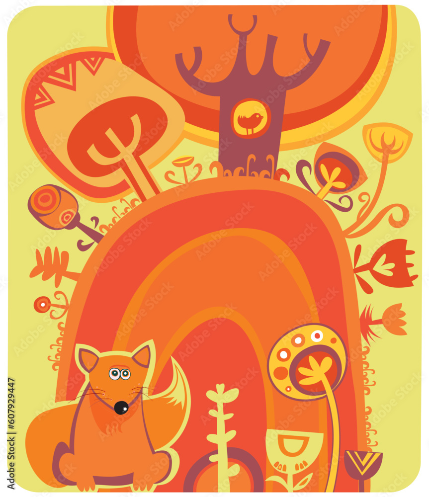 Magical Autumn forest, cute fox. With space for your text Magical Autumn forest, cute fox. With space for your text