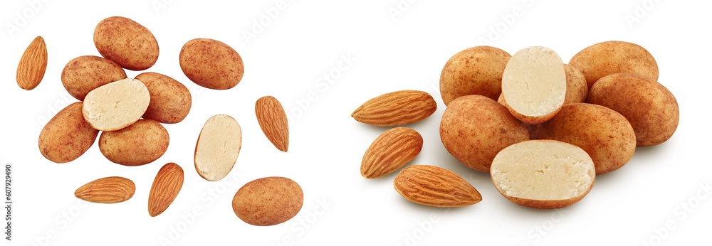 Marzipan balls or potatoes with almond isolated on white background full depth of field. Top view. Flat lay Marzipan balls or potatoes with almond isolated on white background full depth of field. Top view. Flat lay