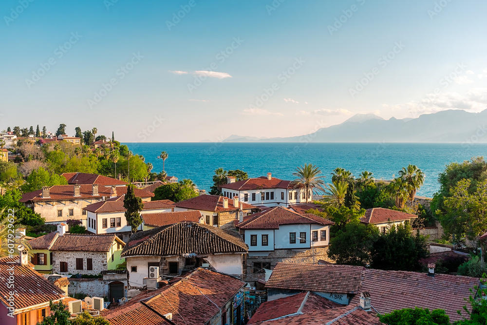 Aerial view of the old town of Kaleiçi in the Turkish city of Antalya. View of old houses in the popular tourist area of Antalya.