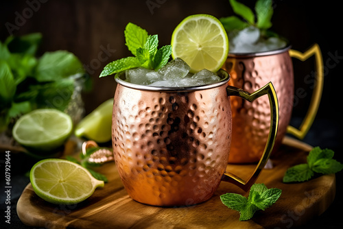 Moscow mule cocktail with lime and mint garnish