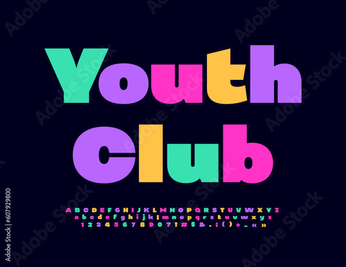 Vector trendy logo Youth Club. Colorful stylish Font. Set of modern Alphabet Letters, Numbers and Symbols