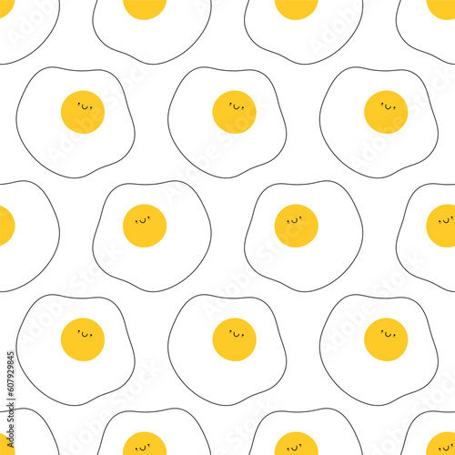 Cute fried egg character seamless pattern. Happy smiling yolk, funny doodle breakfast, childish print. Vector illustration isolated on white background