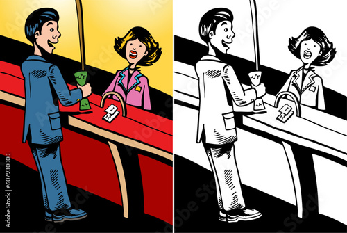 Cartoon image of a customer talking to a bank teller - color and black/white versions.