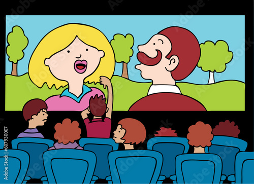 Tablou pe pânză People expressing their distaste while watching a bad movie.