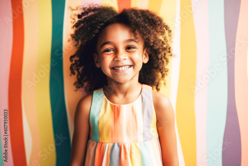 Portrait of cute little Black girl in her room with fun wallpaper. Generative AI.
