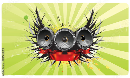 Vector illustration of shiny abstract party design with speakers, ribbon and floral elements