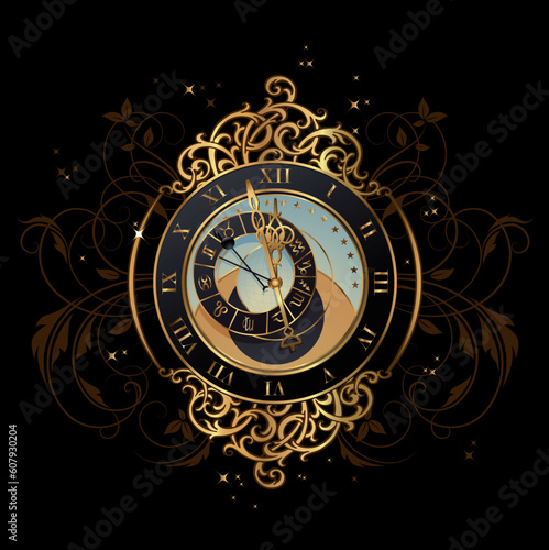 illustration of a vintage astronomical clock shortly before midnight
