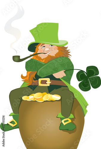 Illustration of traditional Irish Leprechaun sat with pot of gold holding four leaf clover and smoking pipe