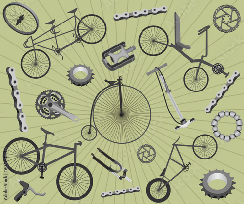 Background with bicycles and spare parts