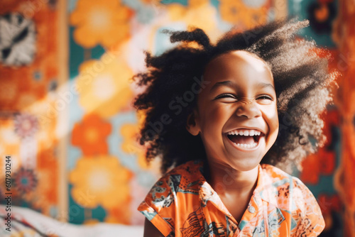 Portrait of adorable joyful little Black girl in her room laughing. photo