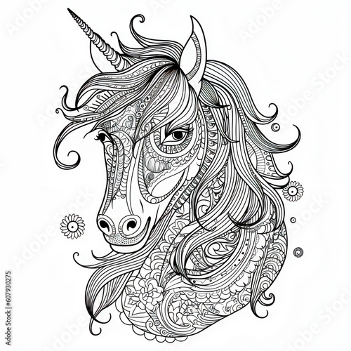 Unicorn face, doodle coloring page © Sara