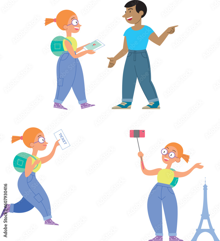 Tourist. Young woman traveling the world. Cartoon character, isolated on white background. Tourist. Young woman traveling the world. Cartoon character, isolated on white background.