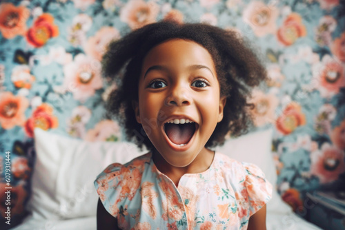 Portrait of cute little surprised Black girl in her room. Generative AI. photo