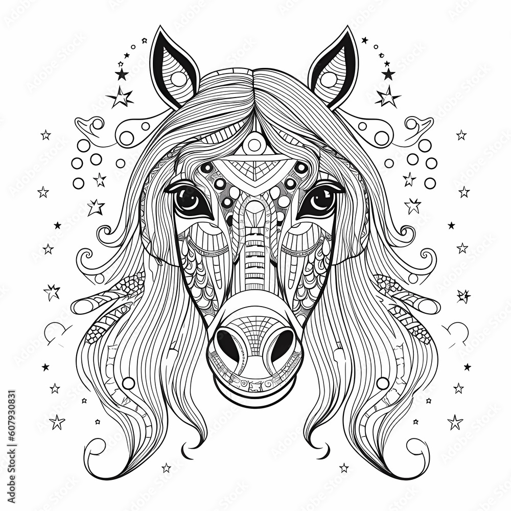 Zentangle unicorn outline, flowers and patterns Zentangle unicorn outline, flowers and patterns