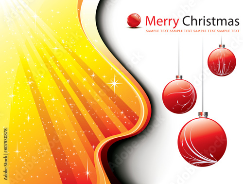 christmas card with shiny stars and floral xmas balls - wave design - easy to edit vector EPS file