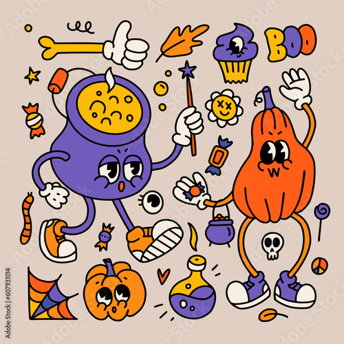 Retro cartoon Halloween characters set. Spooky Season mascots and holiday elements collection. Cute gloved cauldron and pumpkin. Contour vectior illustration for childish print design.