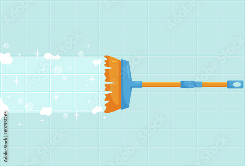 Flat blue mop cleans dirty tiled wall on blue background. Orange brush with long handle and bristles cleans dusty tiled floor. Vector cartoon illustration of house or office cleaning and washing