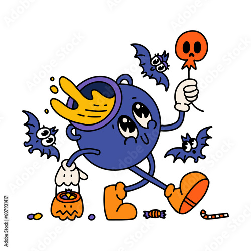Isolated groovy retro cartoon Halloween cauldron mascot. 70s vintage walking withch's pot character holding skull balloon. Linear hand drawn vector illustration or t shirt design