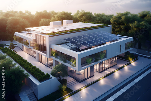 Solar power, modern building adorned with sleek and stylish solar panels, combining form and function in an energy-efficient design, Generated AI