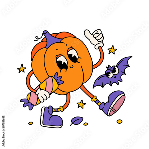 Funny colorful retro cartoon halloween pumpkin character holding big candy. Linear hand drawn vector  in 80s style. Print concept in comic elements in trendy linear vintage style.