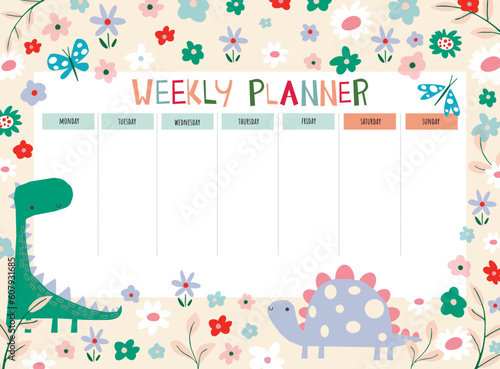 Weekly planner with nordic dinosaurs and flowers in doodle cartoon style. Kids schedule design template with dinosaurs and flowers . Vector illustration.