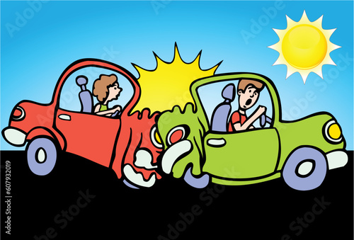 Car rear-ends another car on a sunny day - cartoon.