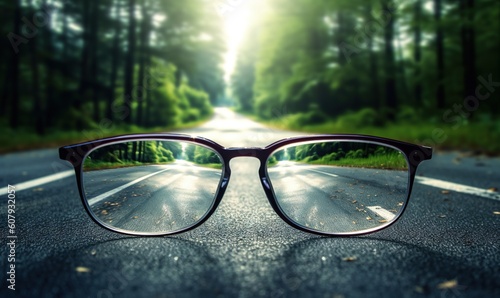  a pair of glasses sitting on the side of a road in the middle of the woods with the sun shining through the trees behind them. generative ai