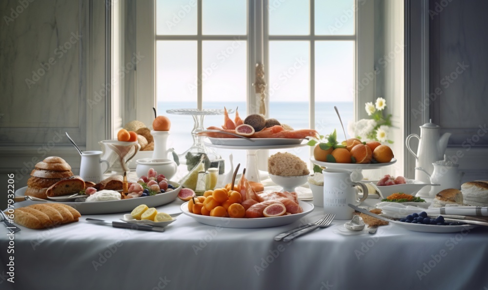 a table topped with plates of food and a bowl of fruit next to a window with a view of the ocean in the distance,. generative ai a table topped with plates of food and a bowl of fruit next to a window with a view of the ocean in the distance,. generative ai