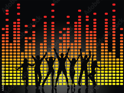 Silhouettes of people dancing on graphic equaliser background