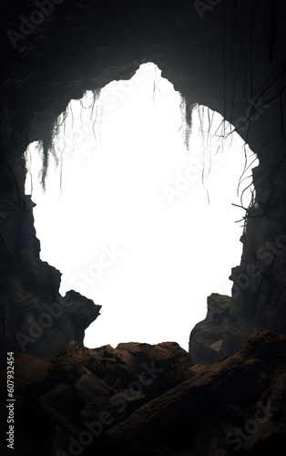 fantasy stone cave entrance with ivy and Spanish moss. Transparent PNG 