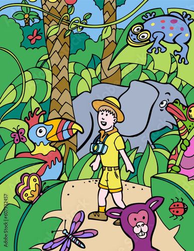 Young man takes pictures of wildlife in the jungle.