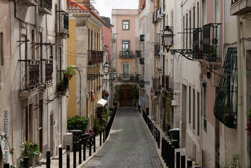 View of historic apartment buildings in Lisbon, Portugal. Neighborhood of Moorish, also known as Mouraria